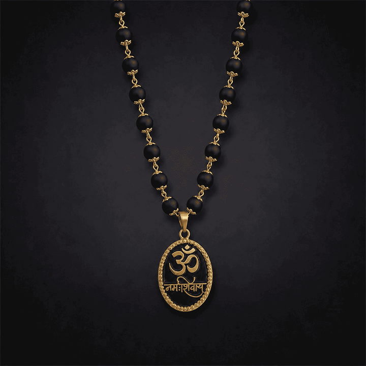 Karungali Malai with Gold-Plated Caps & Om Namah Shivaya Pendant