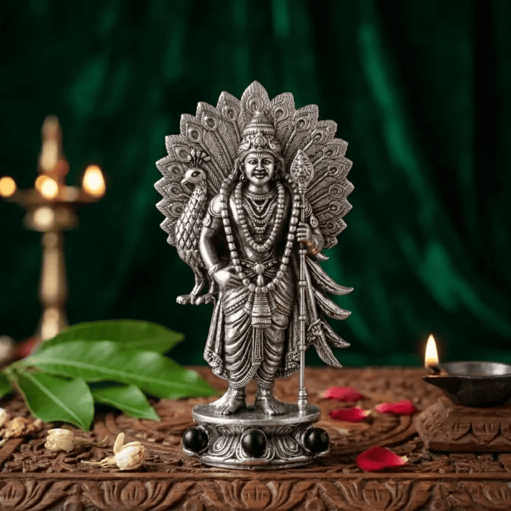 Divine Lord Murugan Idol with Peacock - Silver Plated