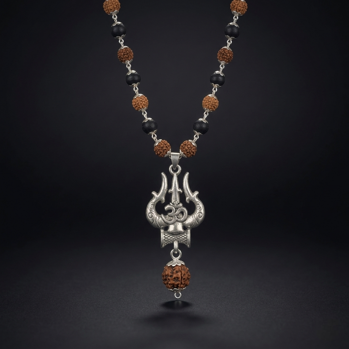 Silver Plated Rudraksha & Karungali Mala with Trishul Pendant