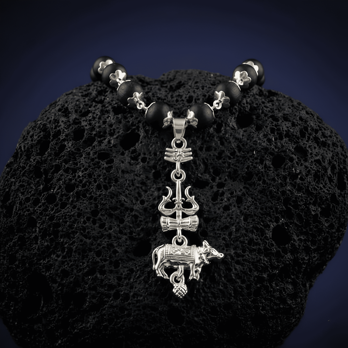 Silver Cap Karungali Mala with Trishul Nandi Pendant