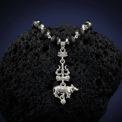 Silver Cap Karungali Mala with Trishul Nandi Pendant