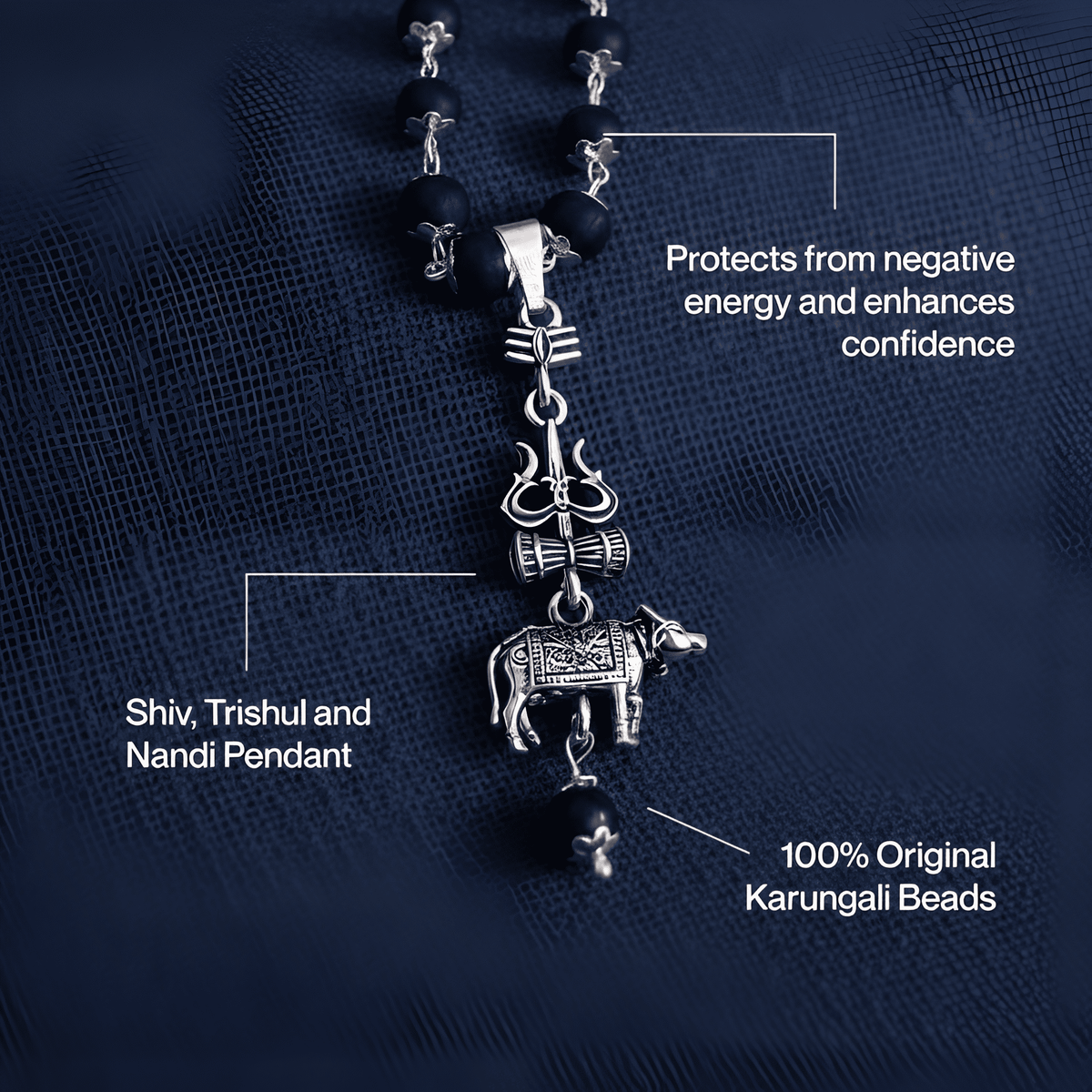Silver Cap Karungali Mala with Trishul Nandi Pendant