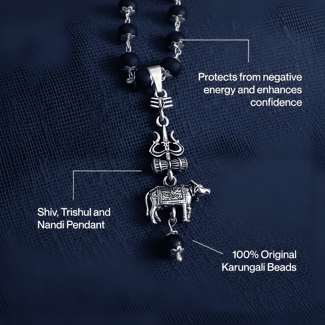 Shive Raksha Karungali Mala With Trishul Nandi Pendant