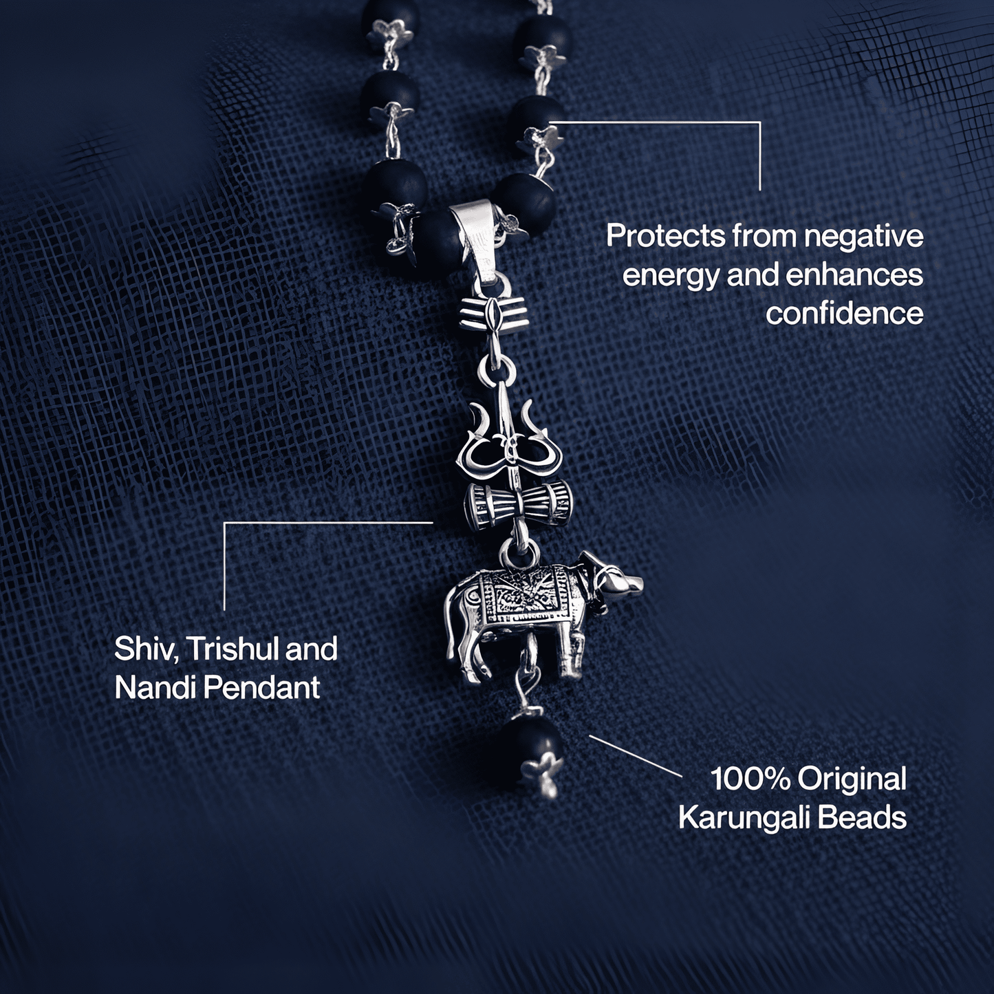 Silver Cap Karungali Mala with Trishul Nandi Pendant