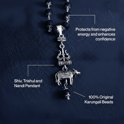 Silver Cap Karungali Mala with Trishul Nandi Pendant