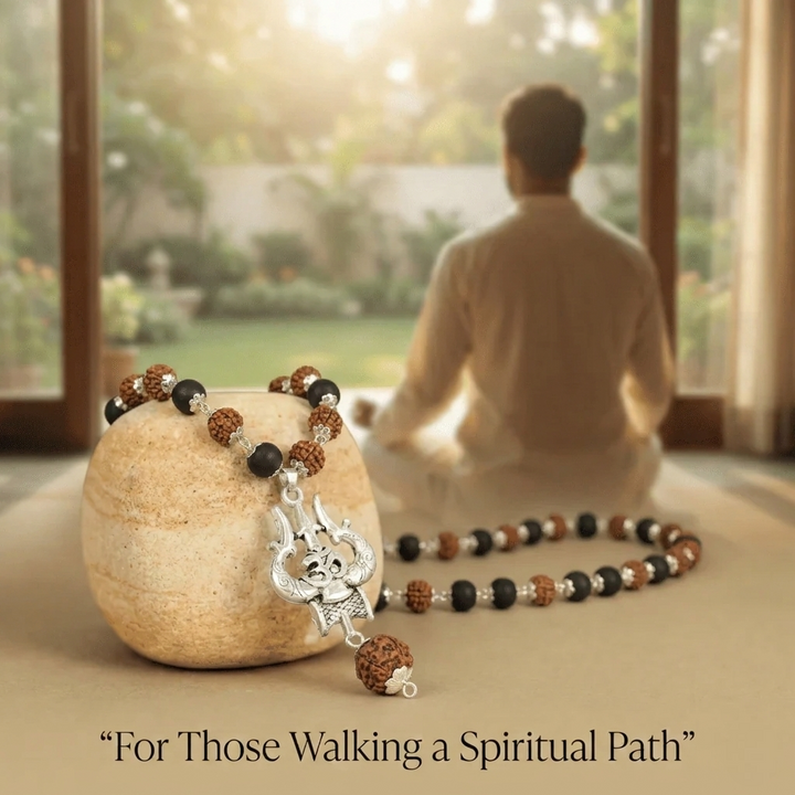 Silver Plated Rudraksha & Karungali Mala with Trishul Pendant