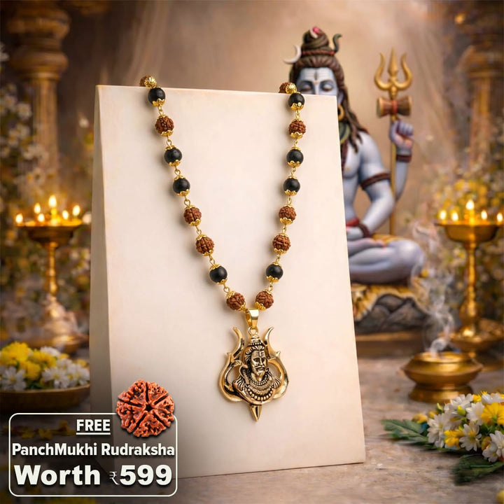 Rudraksha Karungali Malai in Gold-Cap with Shiv Pendant