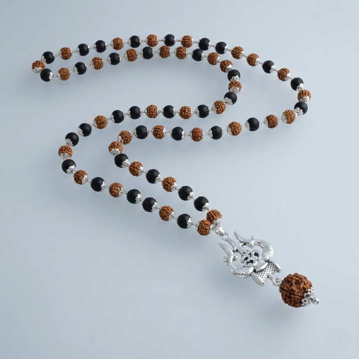 Silver Plated Rudraksha & Karungali Mala with Trishul Pendant