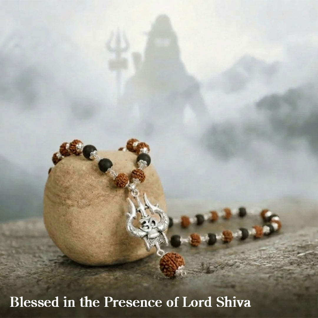 Silver Plated Rudraksha & Karungali Mala with Trishul Pendant
