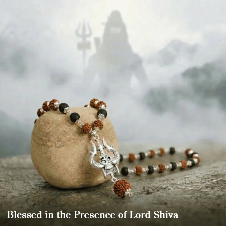 Silver Plated Rudraksha & Karungali Mala with Trishul Pendant