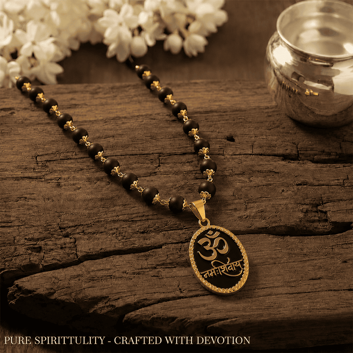 Karungali Malai with Gold-Plated Caps & Om Namah Shivaya Pendant