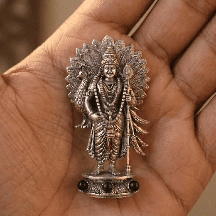 Divine Lord Murugan Idol with Peacock - Silver Plated