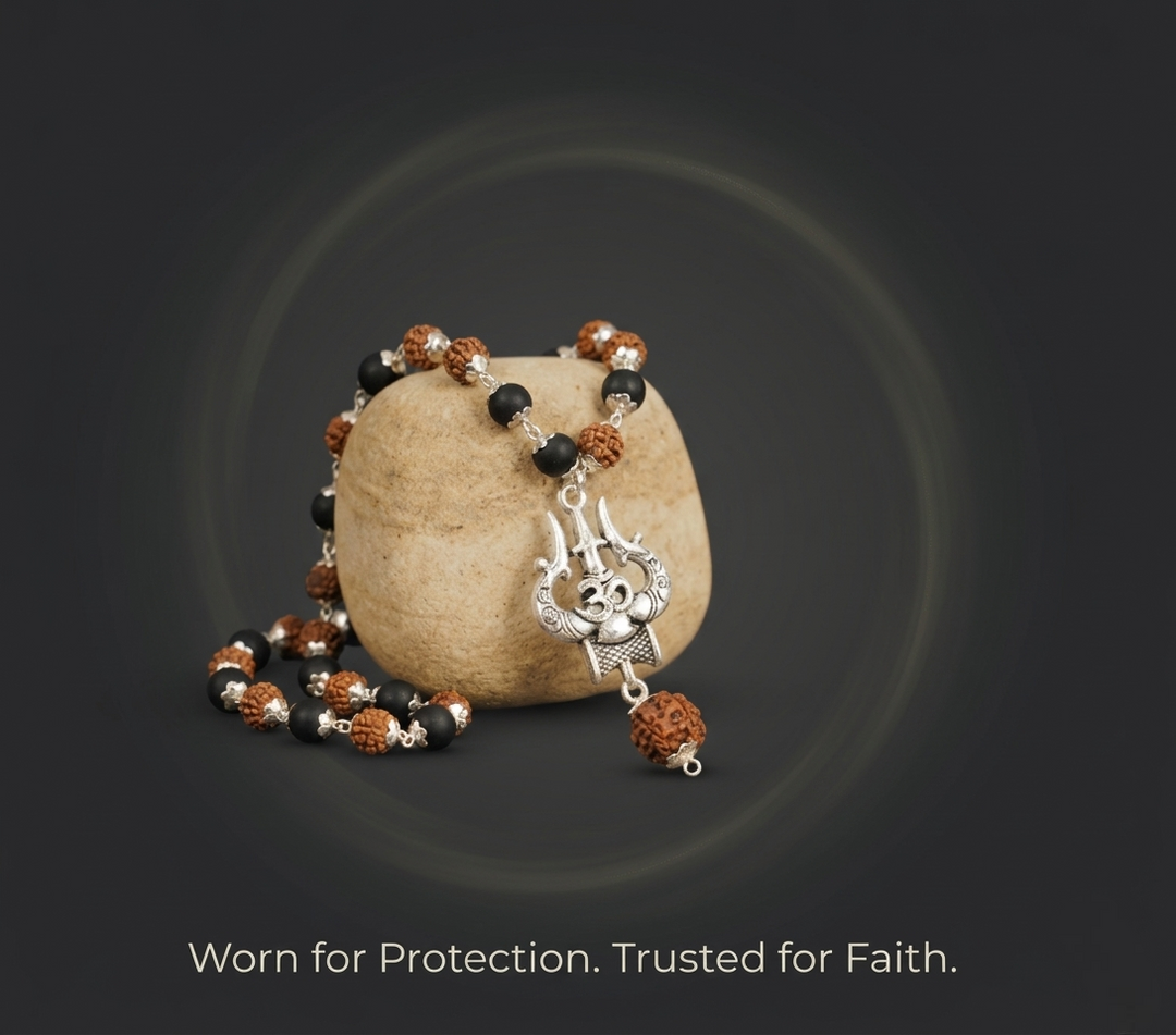 Silver Plated Rudraksha & Karungali Mala with Trishul Pendant
