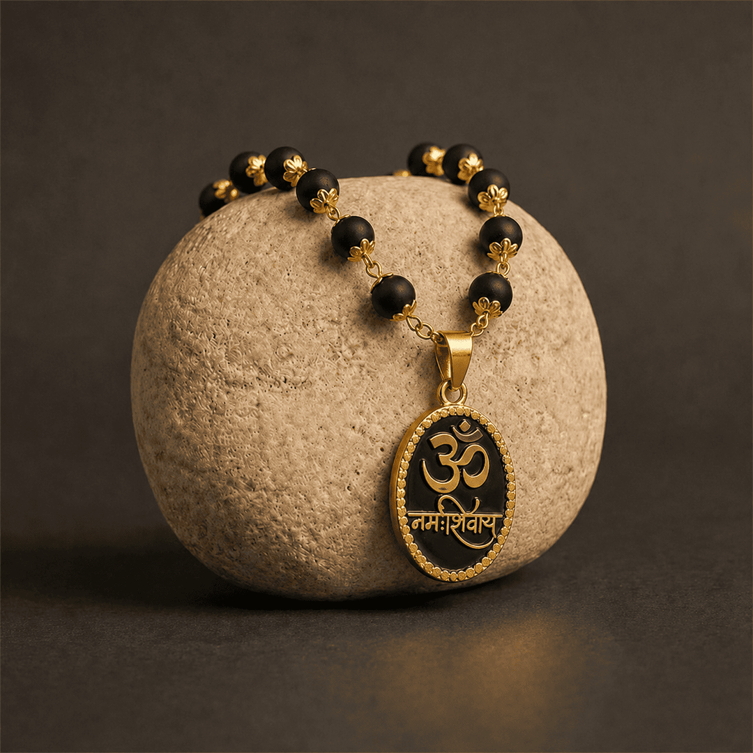 Karungali Malai with Gold-Plated Caps & Om Namah Shivaya Pendant