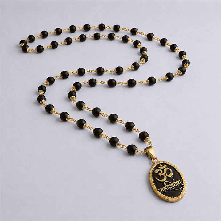 Karungali Malai with Gold-Plated Caps & Om Namah Shivaya Pendant