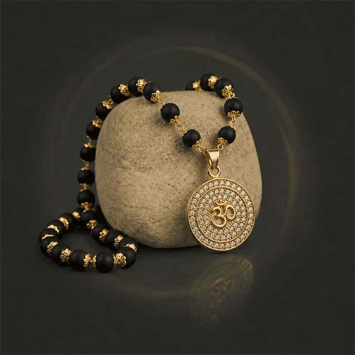 Karungali Malai with Gold Capped Beads & Om Pendant