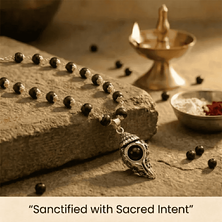 Om Shankh Karungali Malai Necklace - Silver Plated