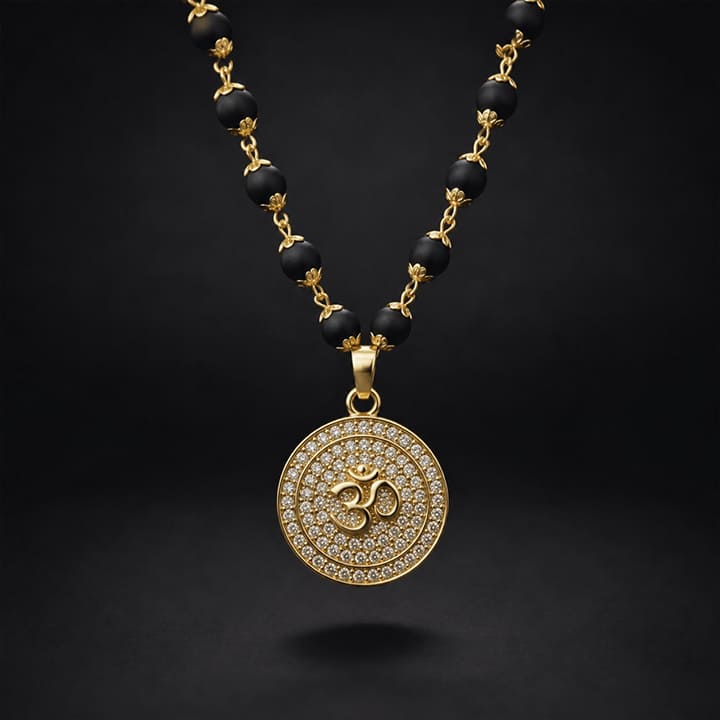Karungali Malai with Gold Capped Beads & Om Pendant