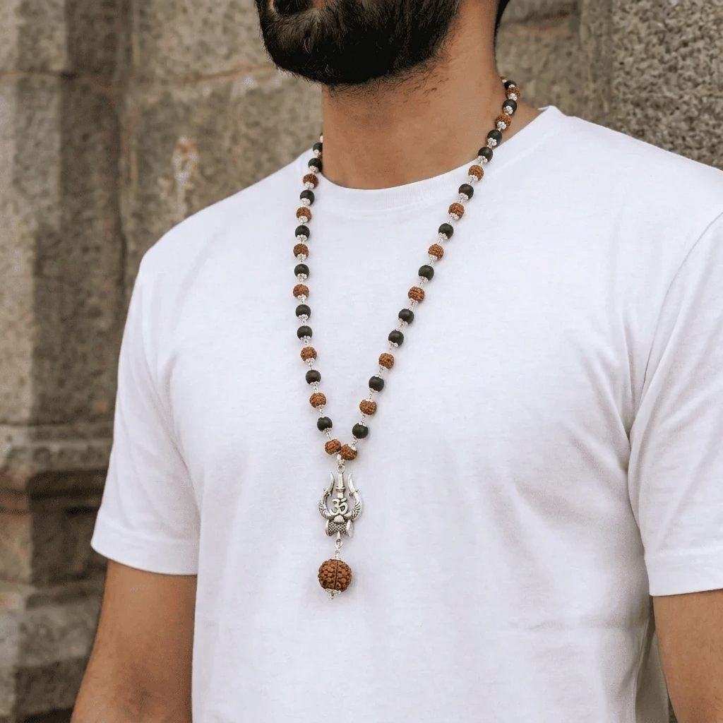 Silver Plated Rudraksha & Karungali Mala with Trishul Pendant
