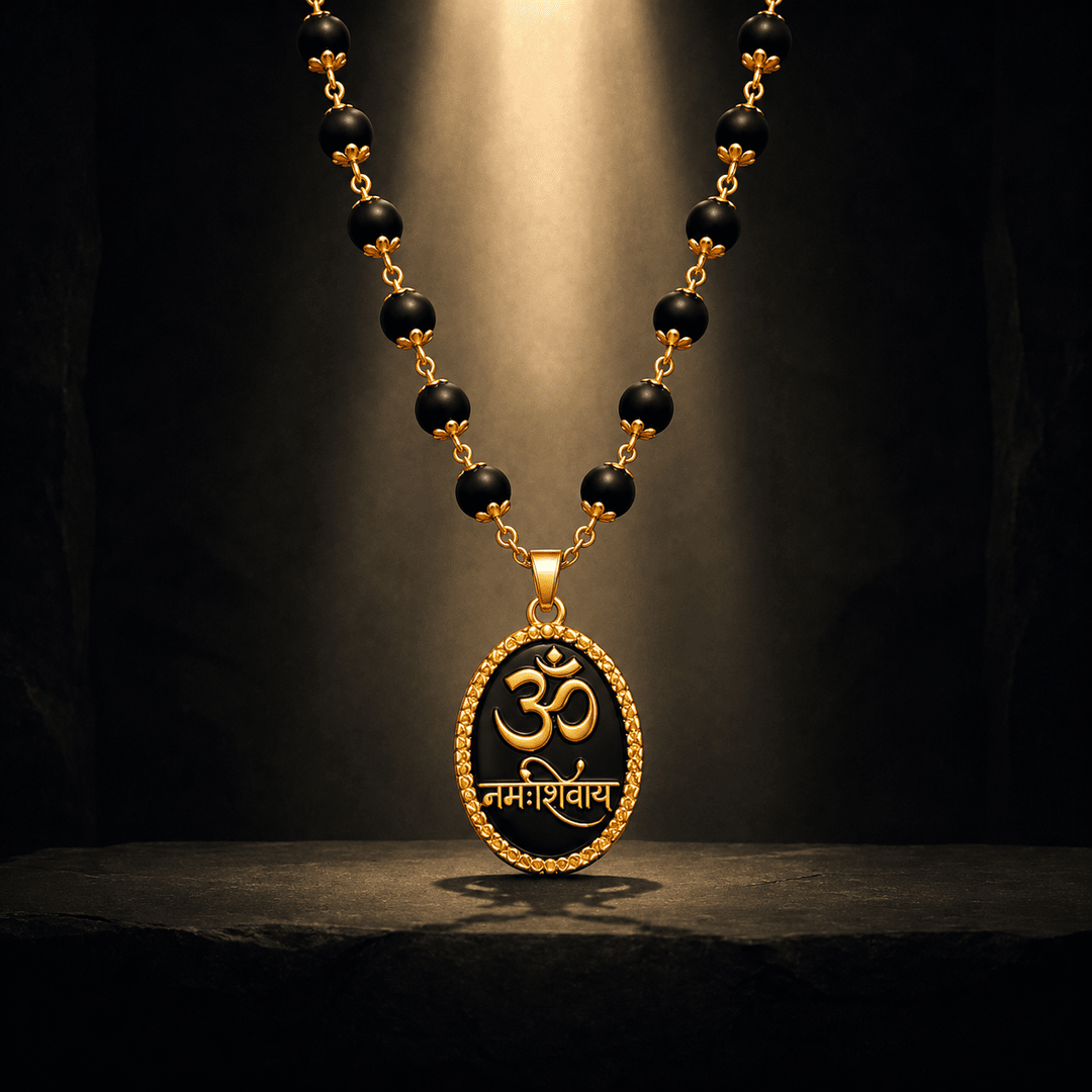 Karungali Malai with Gold-Plated Caps & Om Namah Shivaya Pendant