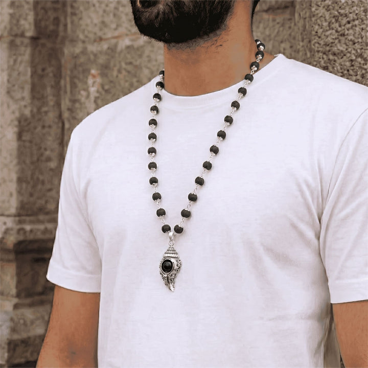 Om Shankh Karungali Malai Necklace - Silver Plated