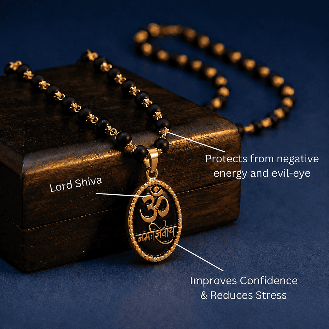 Karungali Malai with Gold-Plated Caps & Om Namah Shivaya Pendant