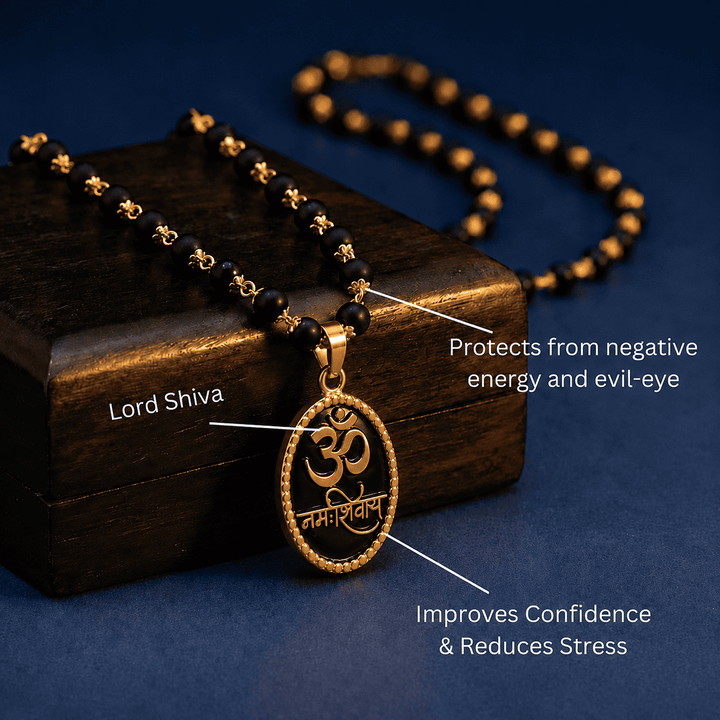 Karungali Malai with Gold-Plated Caps & Om Namah Shivaya Pendant