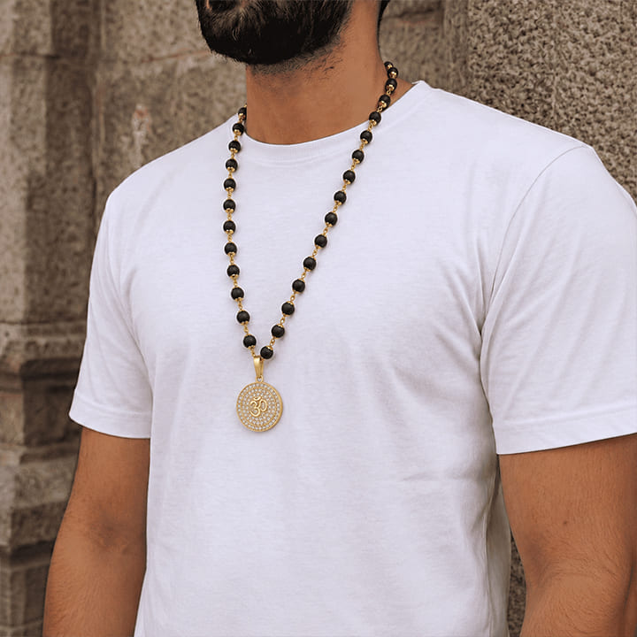 Karungali Malai with Gold Capped Beads & Om Pendant