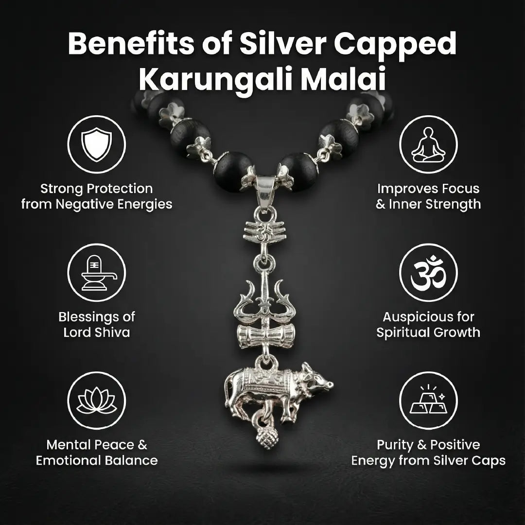 Silver Cap Karungali Mala with Trishul Nandi Pendant