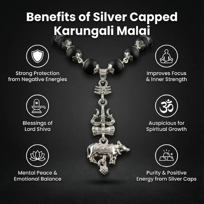 Silver Cap Karungali Mala with Trishul Nandi Pendant