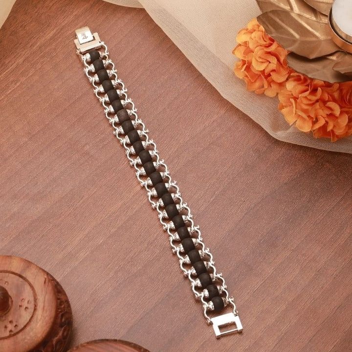 Silver Plated Karungali Moden Bracelet - Natural Ebony Wood