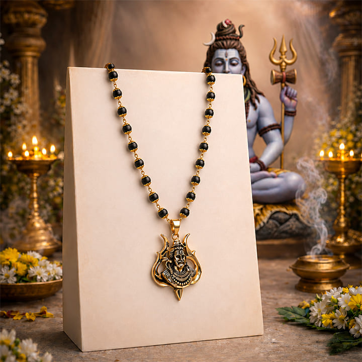Divine Karungali Malai with Gold Capped Beads & Shiv Trishul Pendant