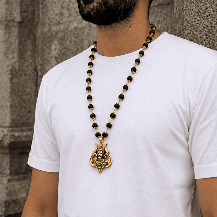 Divine Karungali Malai with Gold Capped Beads & Shiv Trishul Pendant