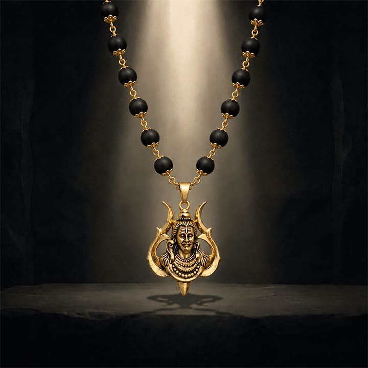 Divine Karungali Malai with Gold Capped Beads & Shiv Trishul Pendant
