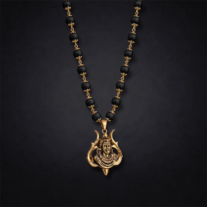 Divine Karungali Malai with Gold Capped Beads & Shiv Trishul Pendant