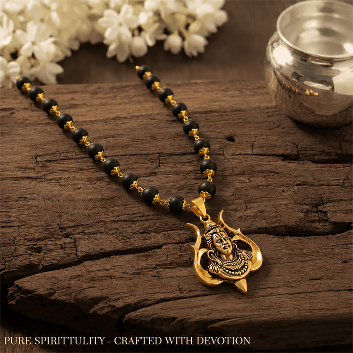 Divine Karungali Malai with Gold Capped Beads & Shiv Trishul Pendant