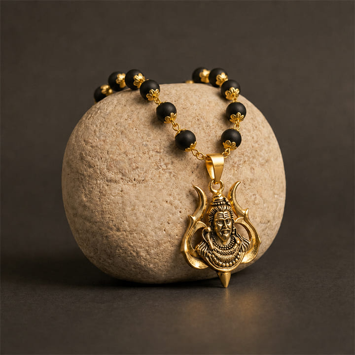Divine Karungali Malai with Gold Capped Beads & Shiv Trishul Pendant