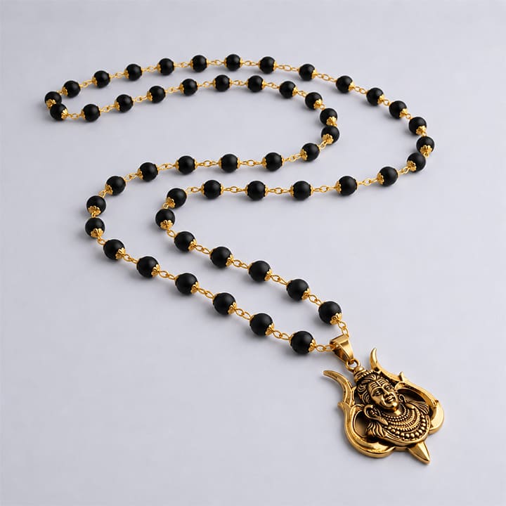 Divine Karungali Malai with Gold Capped Beads & Shiv Trishul Pendant