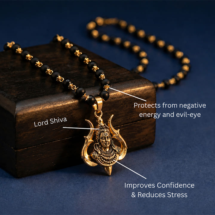 Divine Karungali Malai with Gold Capped Beads & Shiv Trishul Pendant