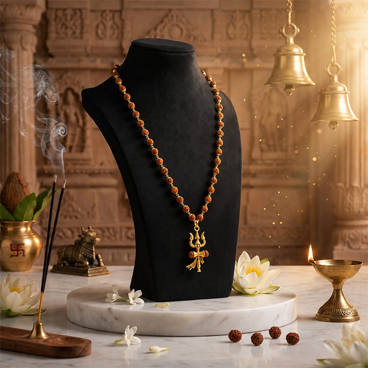 Gold Cap Rudraksha Mala with Trishul Damroo