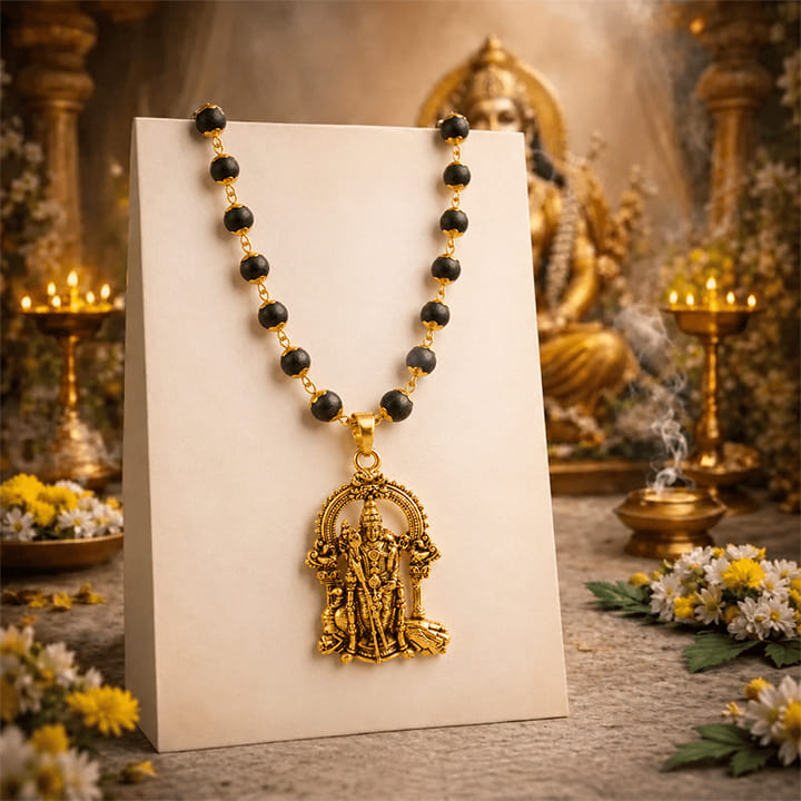 Gold Plated Karungali Necklace with Murugan Pendant