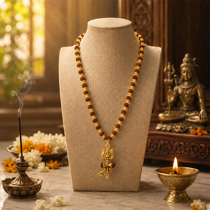Gold Cap Rudraksha Mala with Trishul Damroo