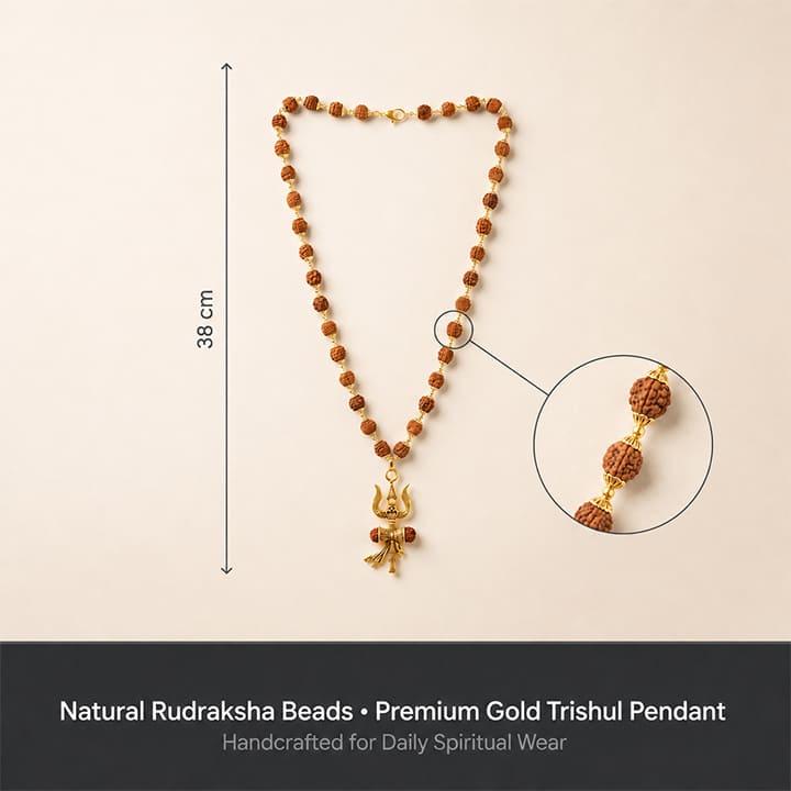Gold Cap Rudraksha Mala with Trishul Damroo