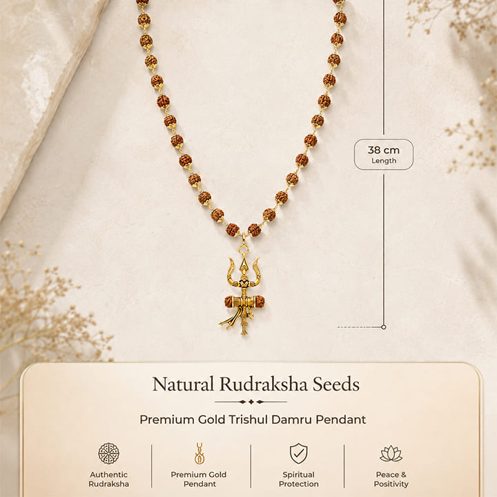 Gold Cap Rudraksha Mala with Trishul Damroo