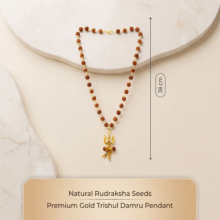 Gold Cap Rudraksha Mala with Trishul Damroo