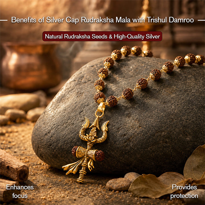 Gold Cap Rudraksha Mala with Trishul Damroo