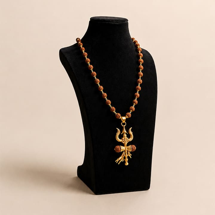 Gold Cap Rudraksha Mala with Trishul Damroo