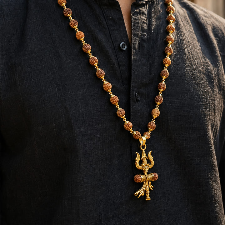 Gold Cap Rudraksha Mala with Trishul Damroo