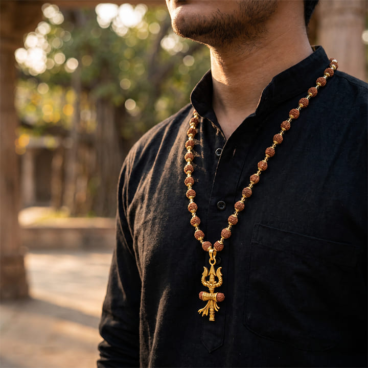 Gold Cap Rudraksha Mala with Trishul Damroo