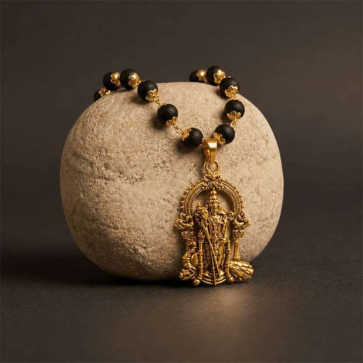 Gold Plated Karungali Necklace with Murugan Pendant